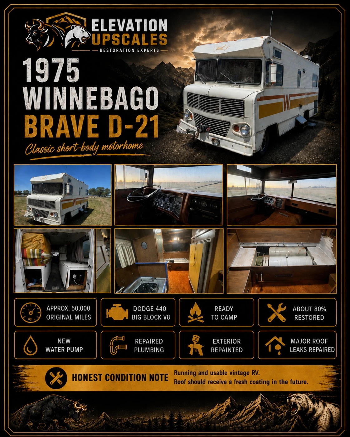 1975 Winnebago Brave D-21 features and camper layout using photographs of the correct RV