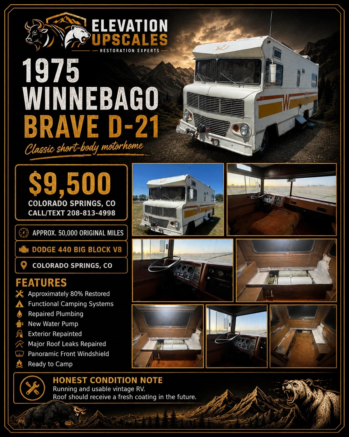 1975 Winnebago Brave D-21 listing with exterior and interior photographs