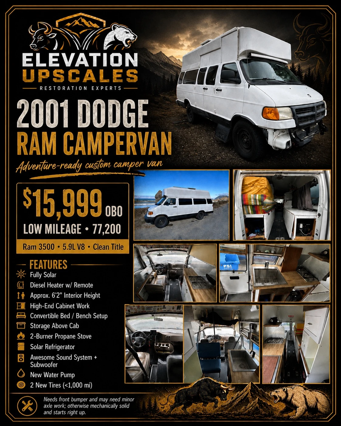 Portrait listing graphic for the 2001 Dodge Ram camper van with exterior and interior views