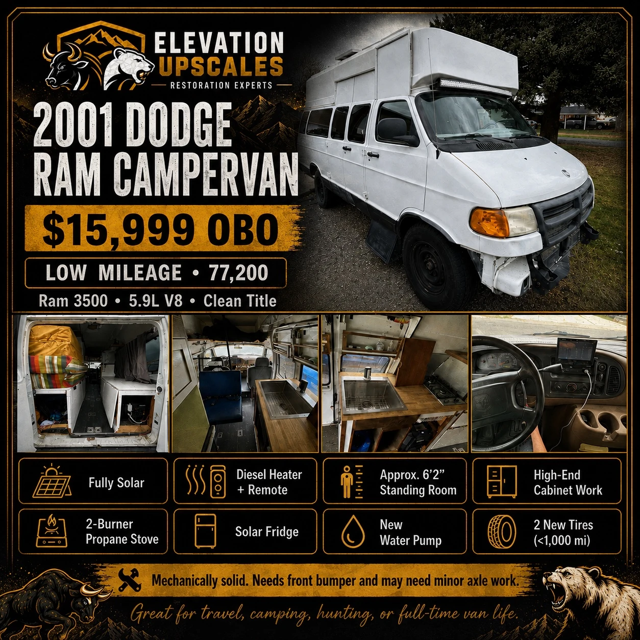 2001 Dodge Ram camper van listing showing exterior and interior photographs