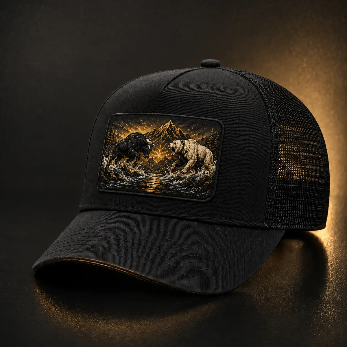 True Grit Trucker Hat with bull and polar bear mountain artwork